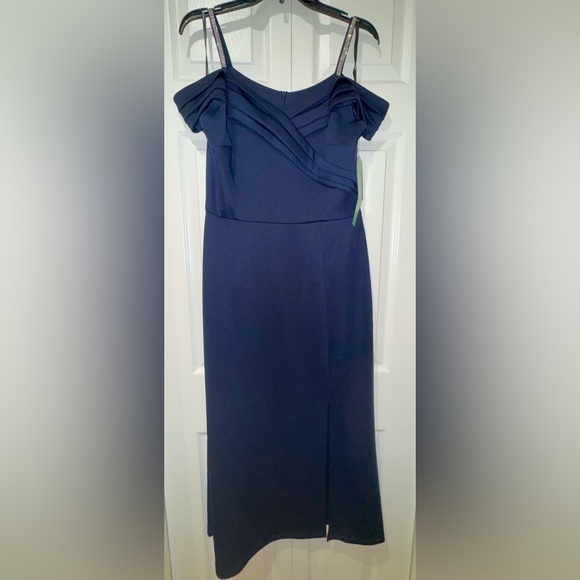 Alexa B Nights Elegant Navy Blue Off-Shoulder rhinestone strap gown Sz. 12P NWT - Picture 1 of 11